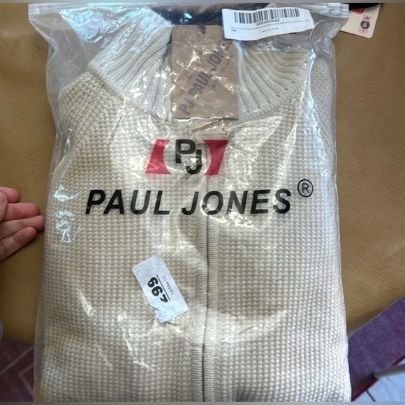 PJ Paul Jones men’s pFull Zip Sweater cream Waffle textured, casual stand collar - Picture 3 of 3